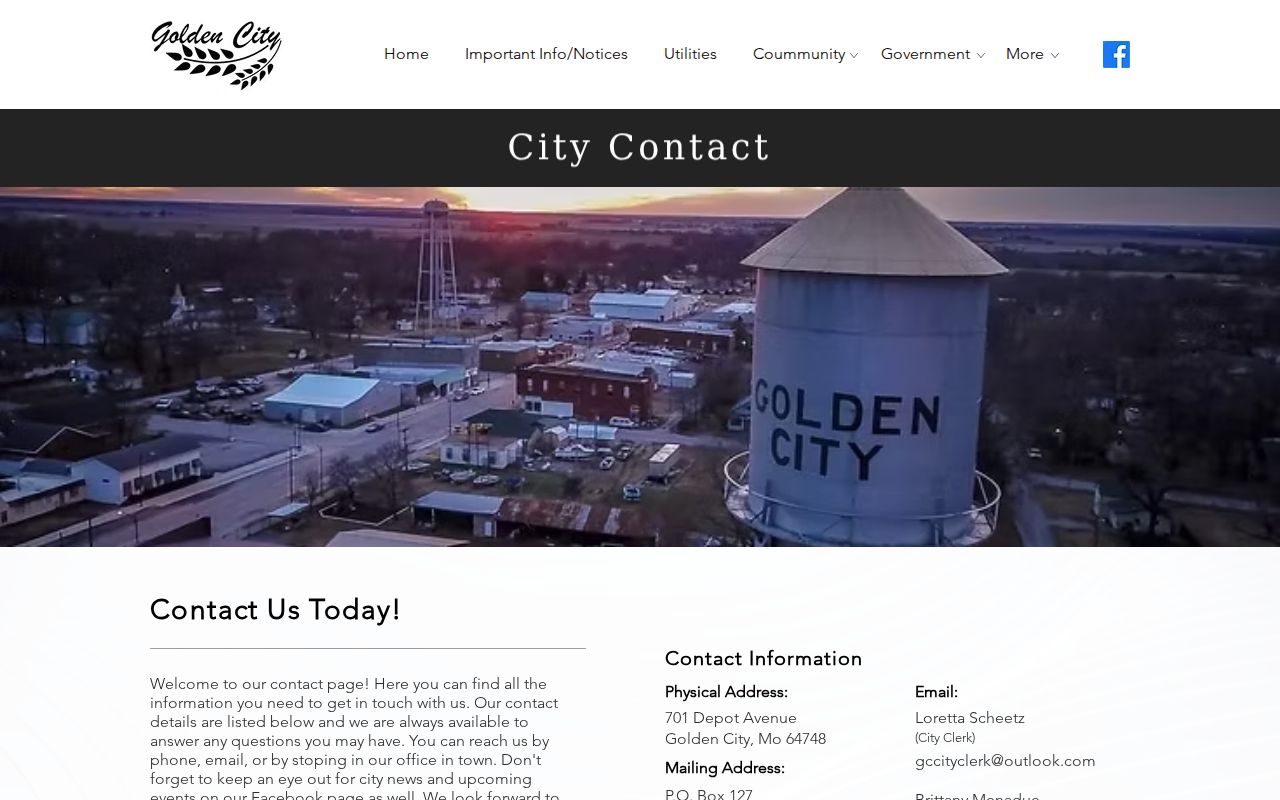 Golden City Hall contact page and Depot Avenue address
