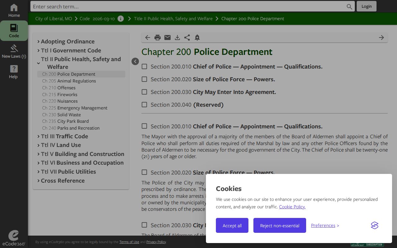 Liberal Missouri police authority code