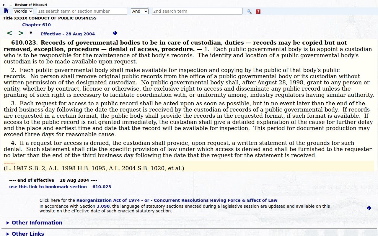 Missouri Sunshine Law records custodian provision