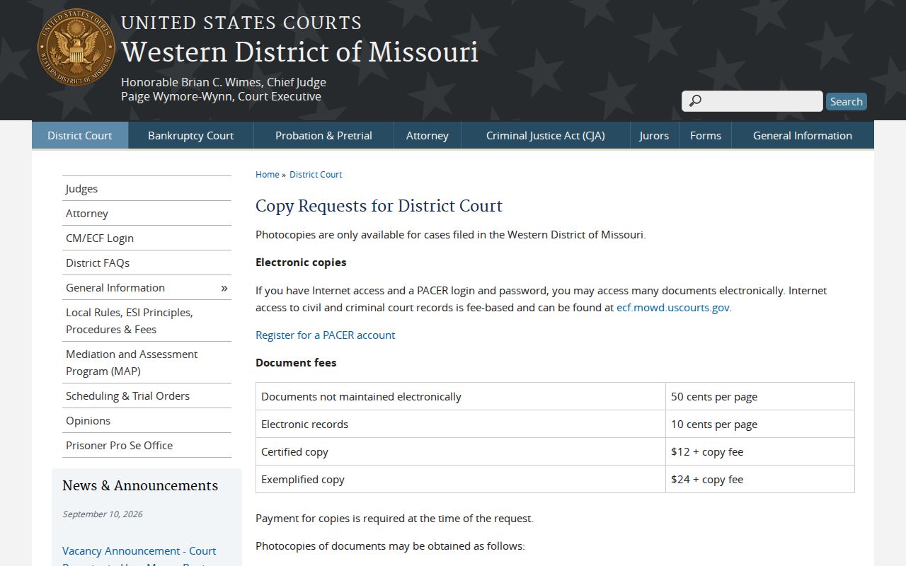 Western District of Missouri court copy request page